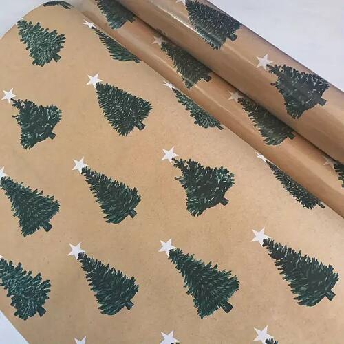 Festive green Christmas wrapping paper with tree pattern - p
