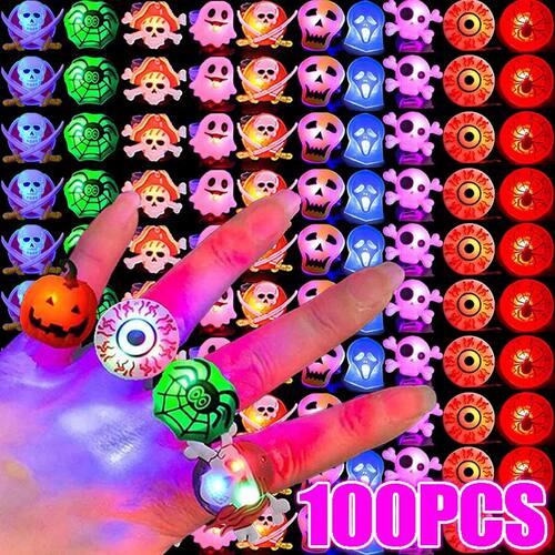 100/10pcs Luminous Halloween Rings Pumpkin Ghost Skull Glowi