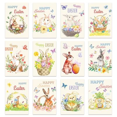 12/24pcs Happy Easter Postcard Cute Bunny Flower Chick Easte