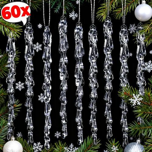 12/60x Acrylic Ice Icicle Christmas Hanging Crystal Drops Or