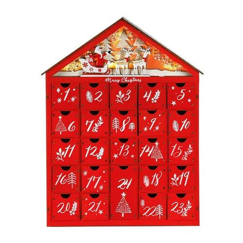 Village Christmas Red Wooden Advent Calendar House with LED