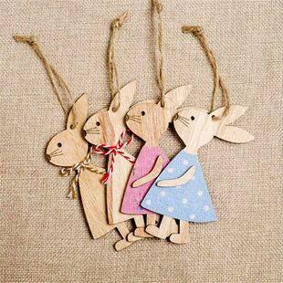 Rabbit Bunny 4pcs Easter Pendants Cute Wooden set Decoration