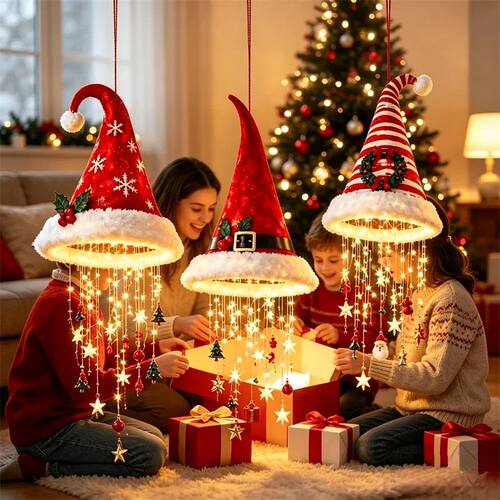 Christmas Lighted Santa Hat Chandelier- Warm LED Glowing Orn