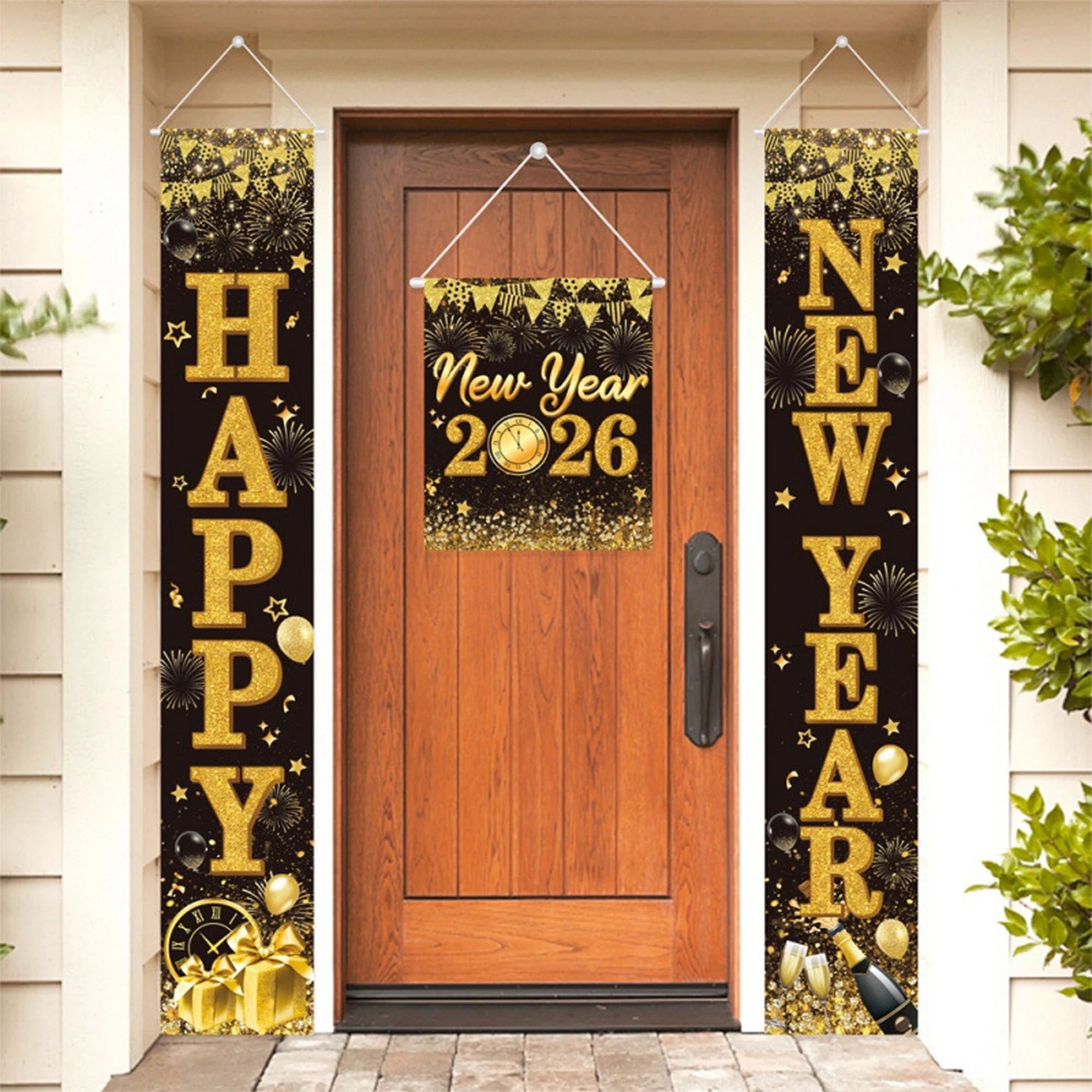 2026 New Year Decorations Gold Black Happy New Year Door Ban
