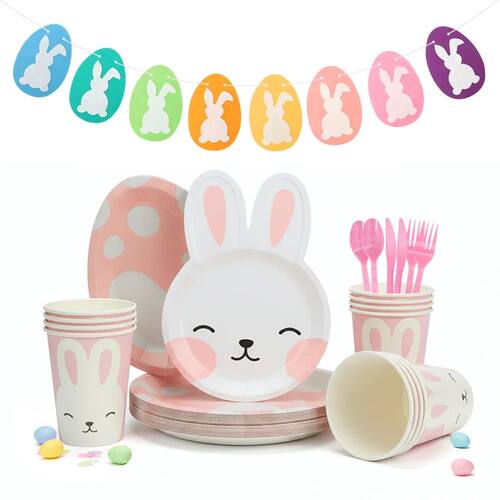 Pink Easter Cute Bunny Egg Paper Plates Cups Felt Garland fo
