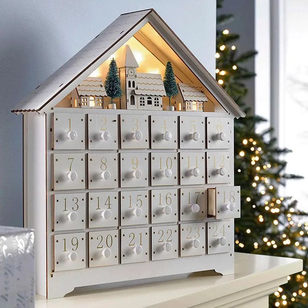 Christmas Wooden House Advent Calendar  with LED Lights 24 S
