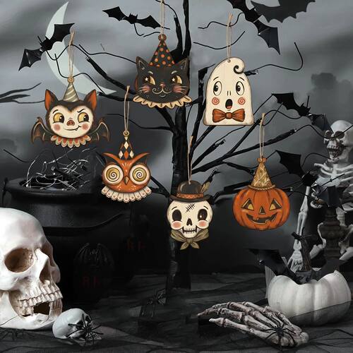 Vintage Halloween Hanging Ornaments 6/12/24Pcs Set s Bats Pu