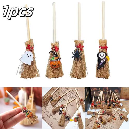 1pcs Mini Halloween Witch Broom Wooden Witch Broom Decor Pen