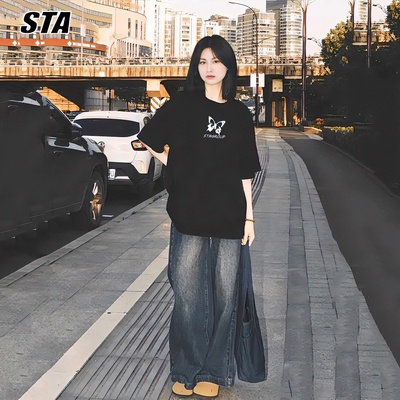 STA官方店美式复古蝴蝶短袖t恤女夏季潮牌情侣宽松休闲重磅上衣