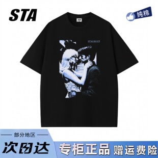 高街纯棉情侣黑色短袖 男女夏季 潮牌小众设计感短袖 STA旗舰店美式
