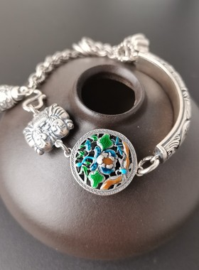 半镯烧蓝50克左右S925纯银复古民族做旧女生原创设计手串手链礼物