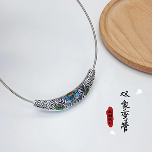 足银弯管吉像如意吊坠复古时尚个性百搭女生项圈45CM毛衣锁骨链