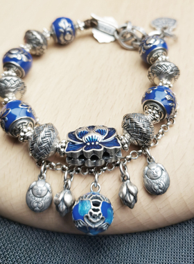 新50克左右S925纯银烧蓝莲花手工原创设计复古手链民族风格珠子