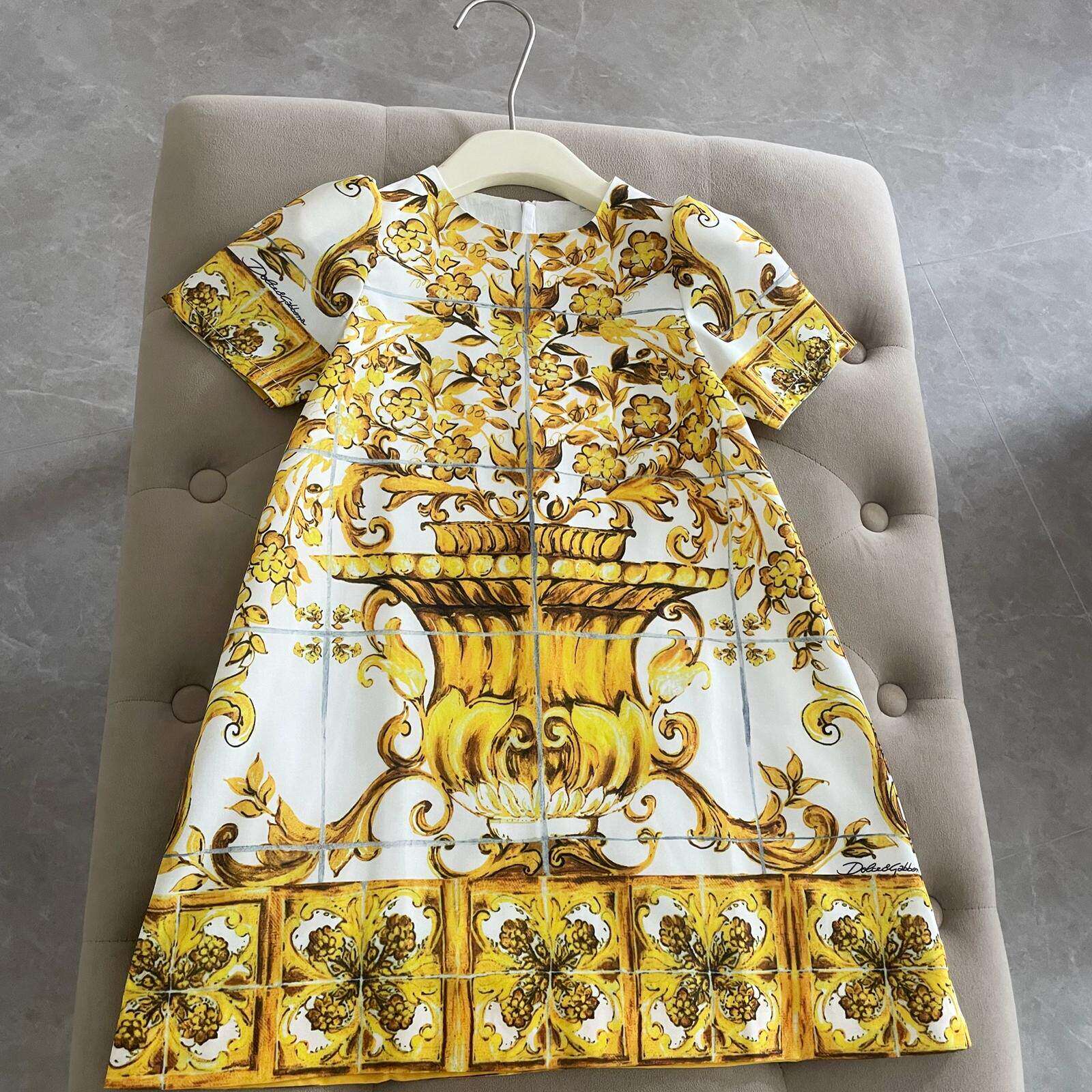 原创童装黄色复古古着写真馆拍摄裙夏秋连衣裙主持人裙花童亲子装