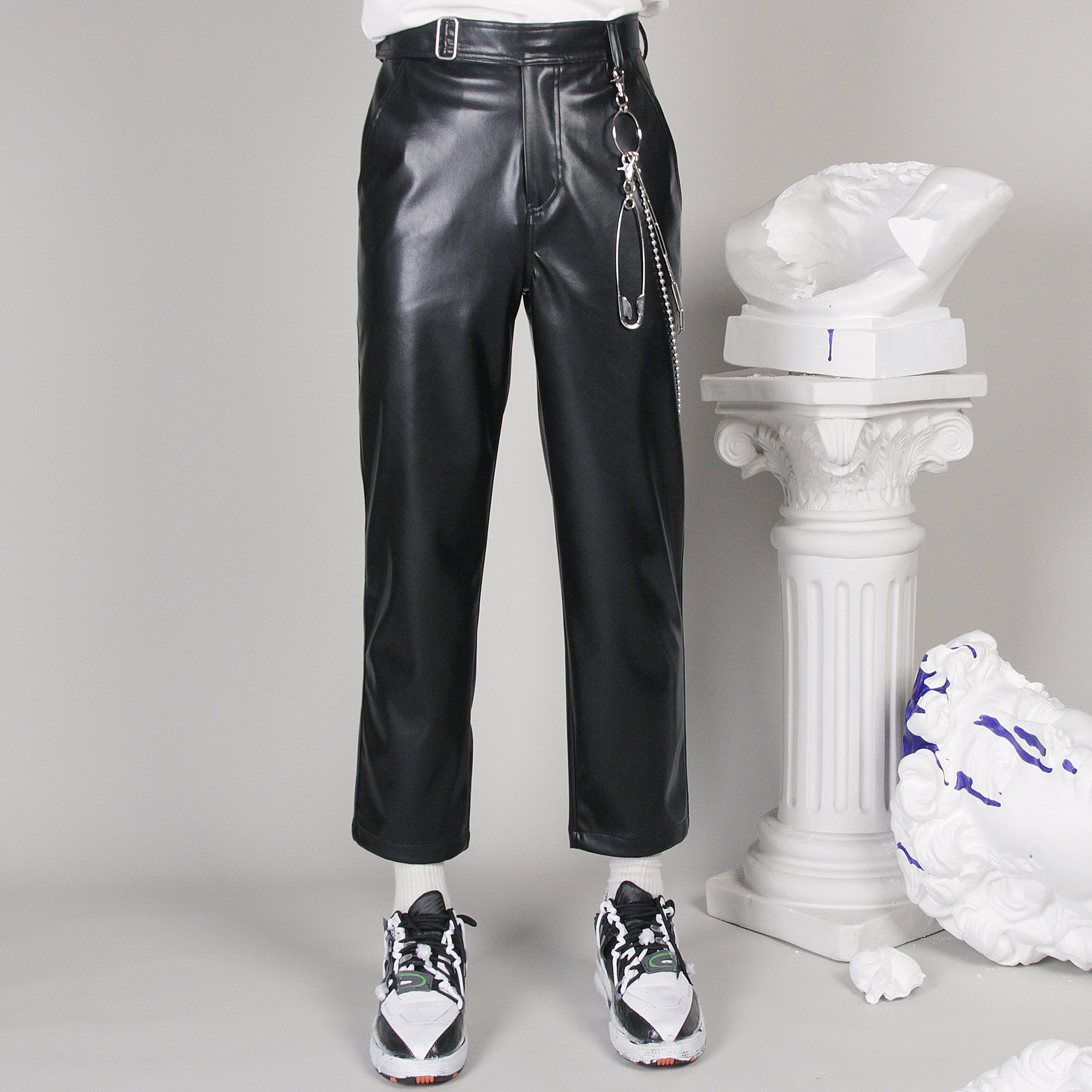 RICCIWEE原创设计 极简复古日字扣装饰九分直筒皮裤休闲裤男裤秋在类目 男装, 皮裤中 - 来自Buy2taobao.com提供专业的淘宝代购服务