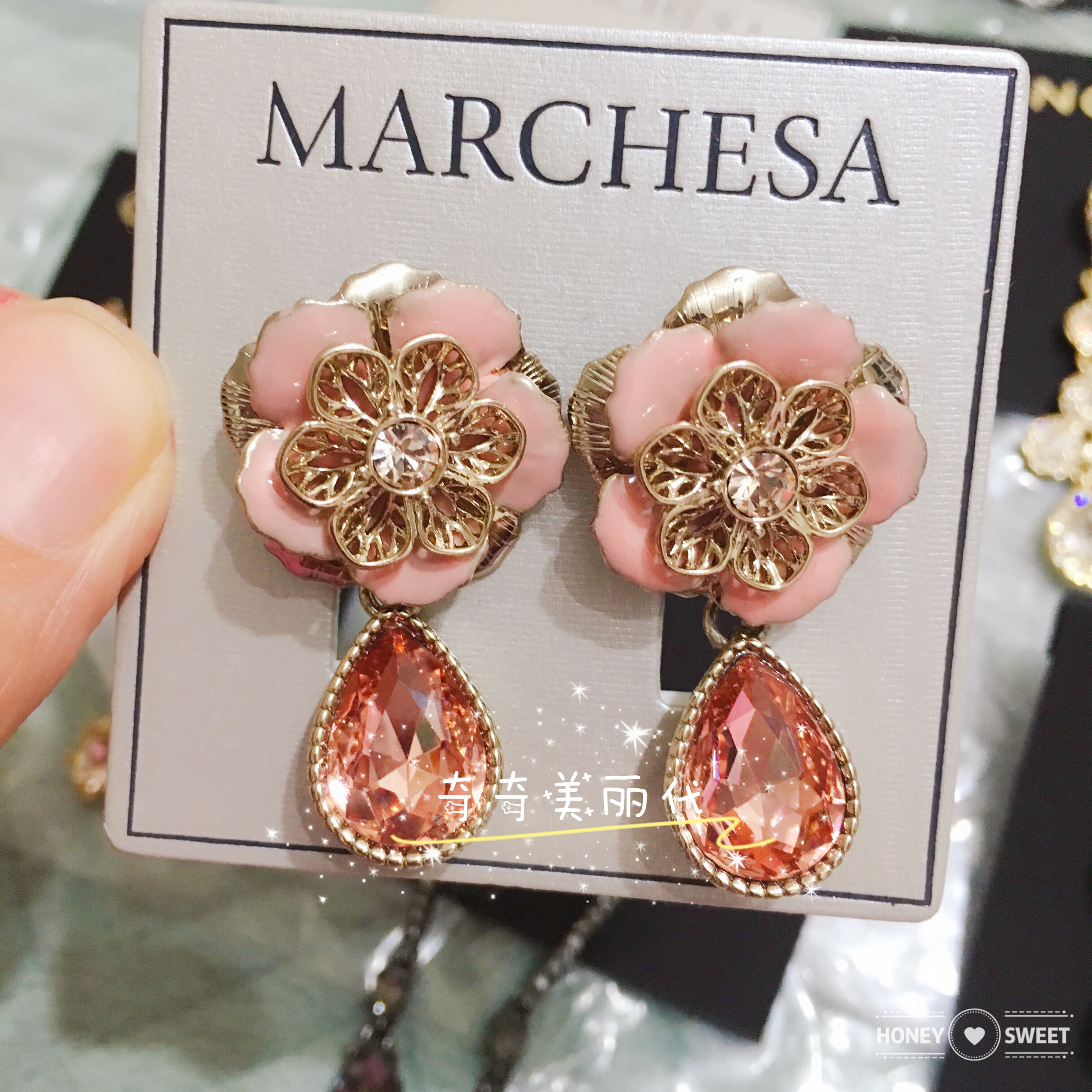 marchesa玛切萨宫廷复古粉色花朵吊坠水晶洛丽塔耳环女礼物欧美
