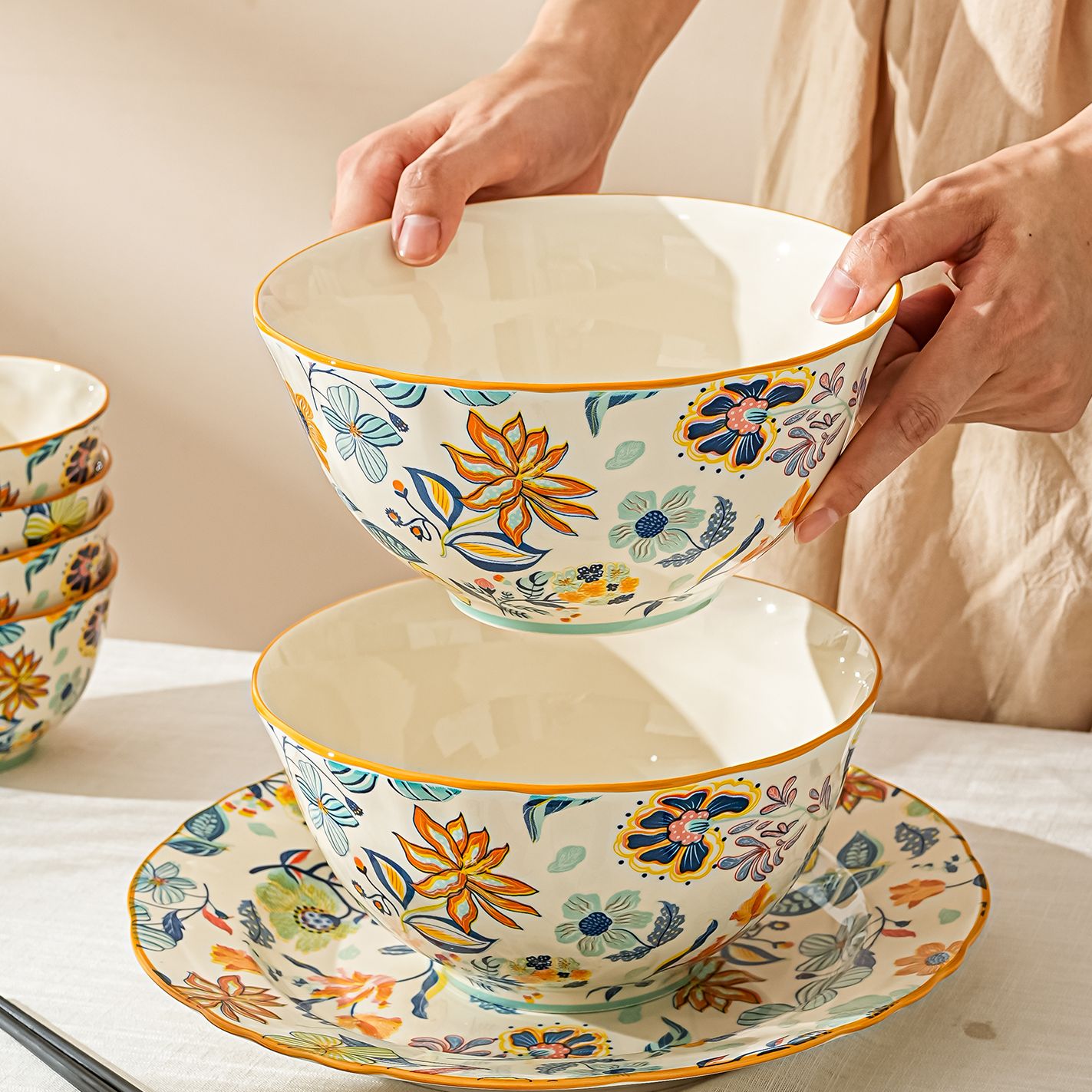 满庭芳系列家用釉下彩陶瓷饭碗餐具新款高颜值碗具微波炉专用碗