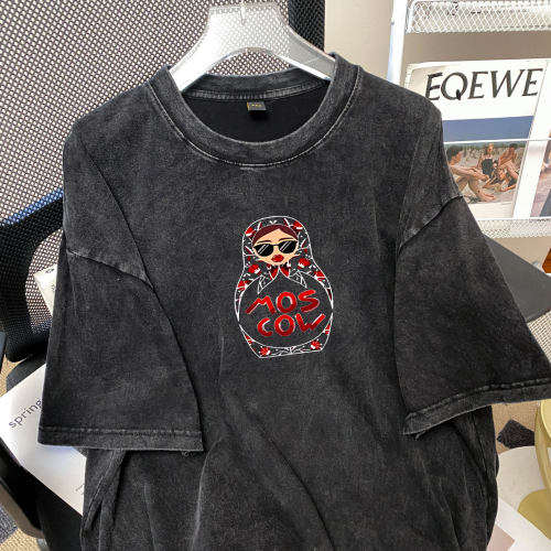 Women T-shirt 欧美新款纯棉圆领短袖印花水洗做旧宽松休闲T恤女