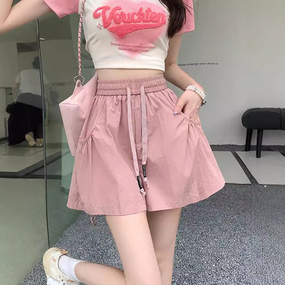 Solid color drawstring high waisted shorts纯色抽绳高腰短裤女