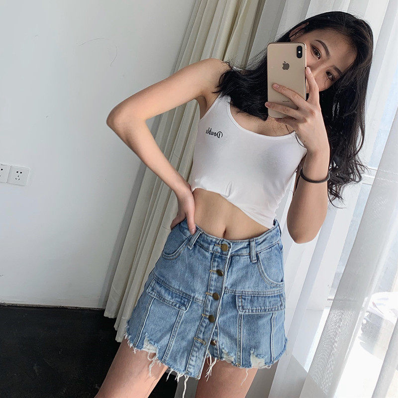 DQSTORE2019 Spring and summer Irregular Single breasted a word Frazzle wathet cowboy skirt trousersin the Women's clothing/Boutique , Skirts  category - from Buy2taobao.com to provide professional Taobao agent buy service