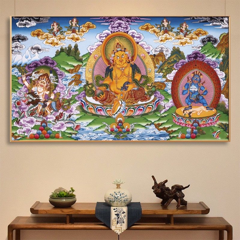 黄财神唐卡挂画大尺寸客厅藏传招财佛像挂画佛堂背景墙求财装饰画