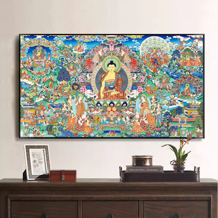藏式唐卡释迦牟尼佛像装饰画茶馆禅意书房客厅佛堂挂画三世佛中堂