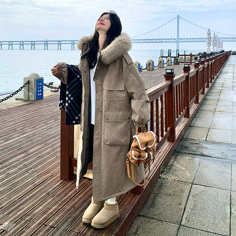 卡其绿大毛领派克服女2025年冬季中长款时尚韩系过膝保暖连帽外套,女装派克服,2C226