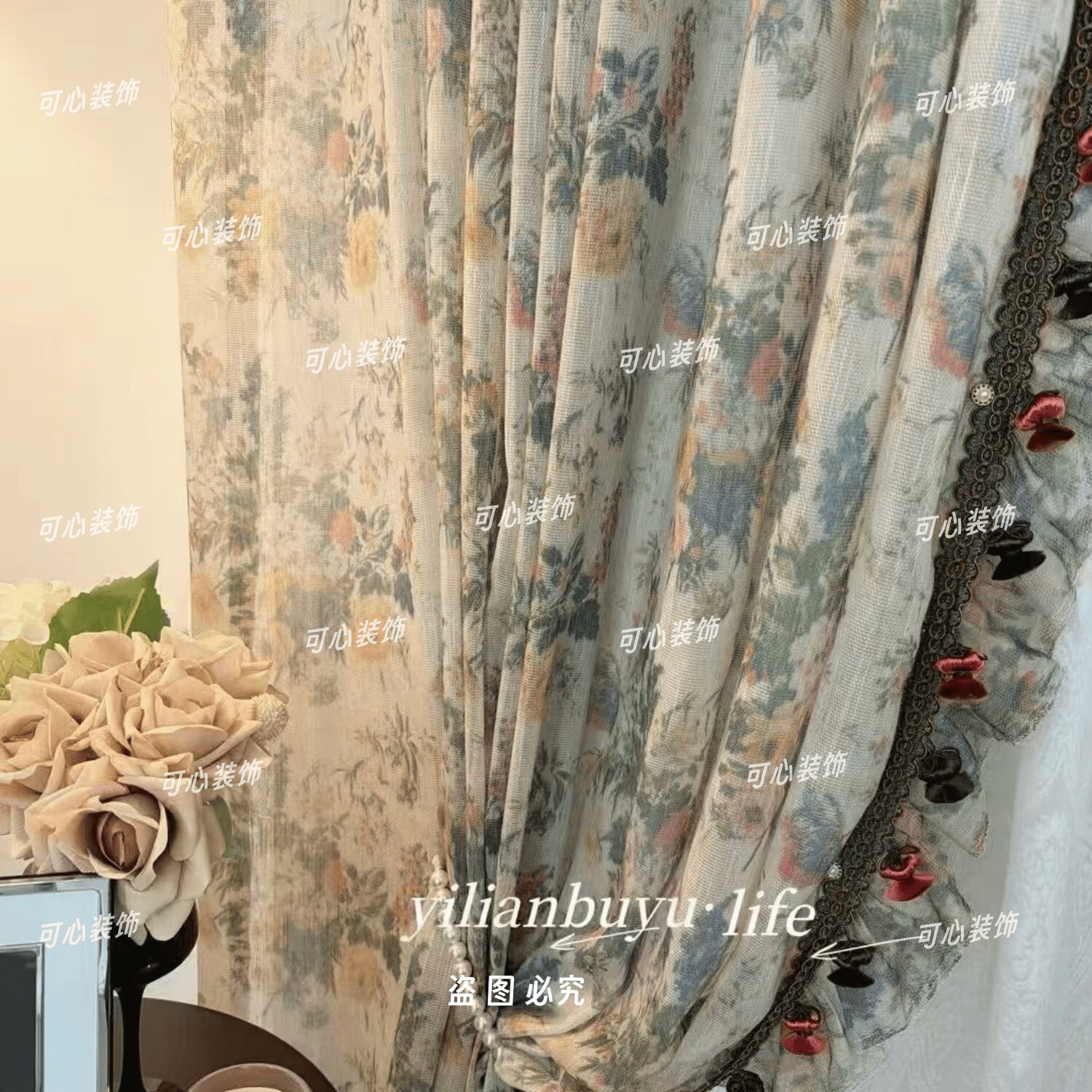 美式复古蘑菇球流苏窗帘花边