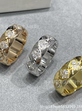 新款经典coco小香风菱格纹宽版手工镶嵌方块钻戒指叠戴百搭指环女