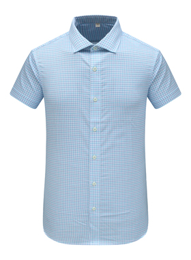 MY83美尔断码清仓夏季男时尚商务休闲蓝色小格子全棉免烫短袖衬衫