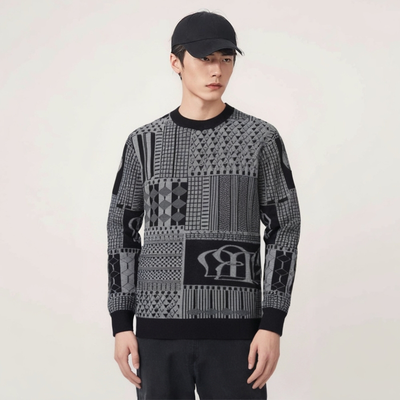 灰色印花49.5％羊毛羊毛衫圆领