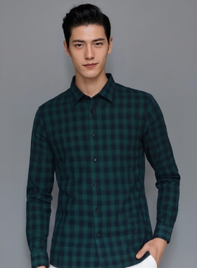 Y1319路易换季断码清仓秋季男士商务休闲简约绿色小格子长袖衬衫