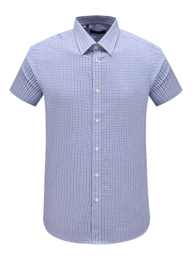 KL312凯LAI换季断码清仓夏季男士时尚蓝色小格子全棉休闲短袖衬衫