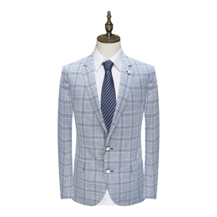 商务绅士灰蓝格纹73％羊毛混纺单西服 男士 SL26仕东断码 清仓春秋款