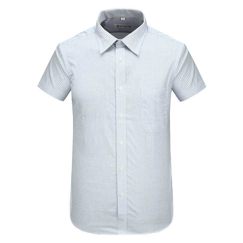 简约蓝白小格子全棉免烫短袖衬衫