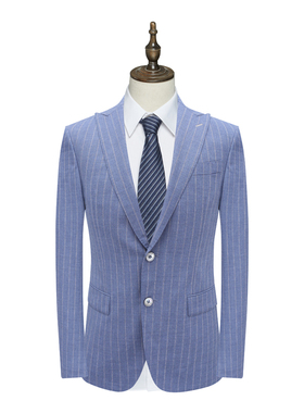 B1662鸟断码清仓春秋款男士职业装蓝色条纹绵羊毛桑蚕丝混纺西服