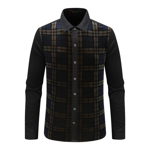 商务休闲黑褐色格子长袖衬衫