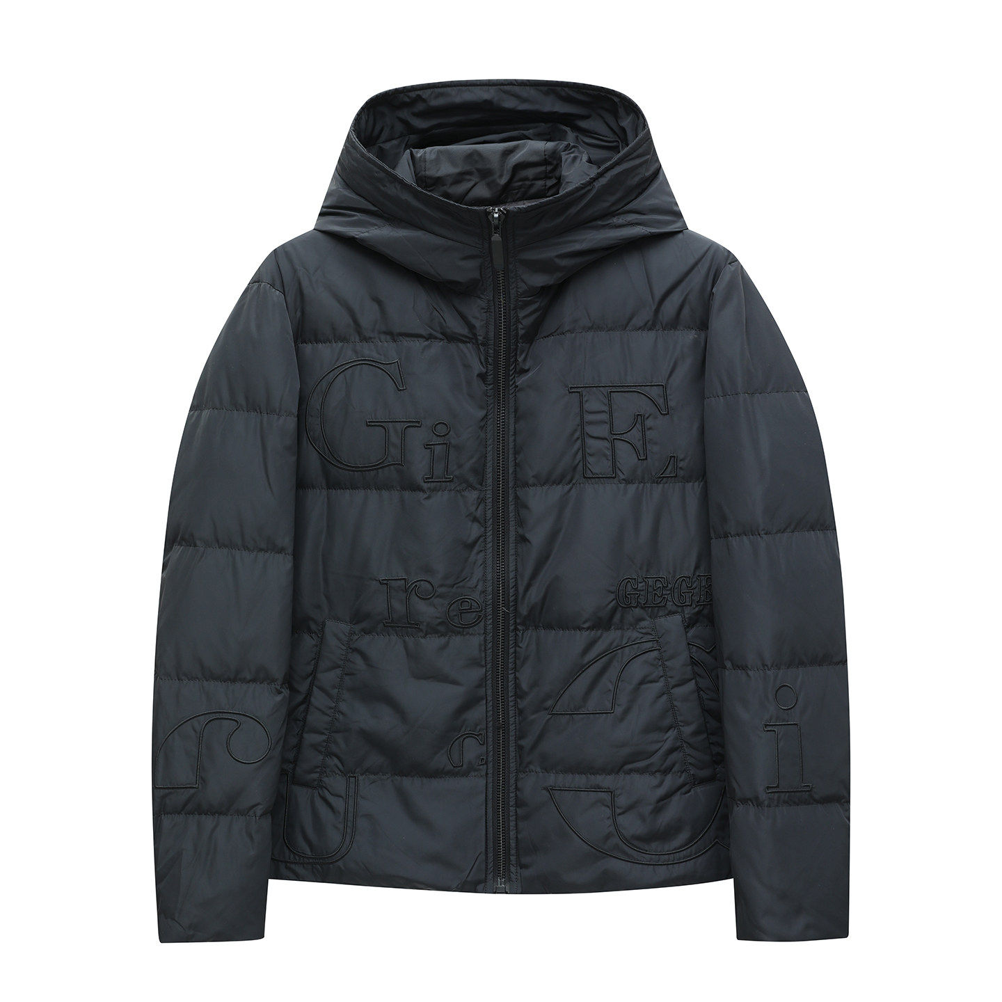 H1370断码清仓冬季男时尚潮流黑色字母刺绣连帽90％白鸭绒羽绒服