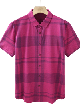 CA893卡断码清仓春夏款男士休闲红色格子棉加桑蚕丝弹力短袖衬衫