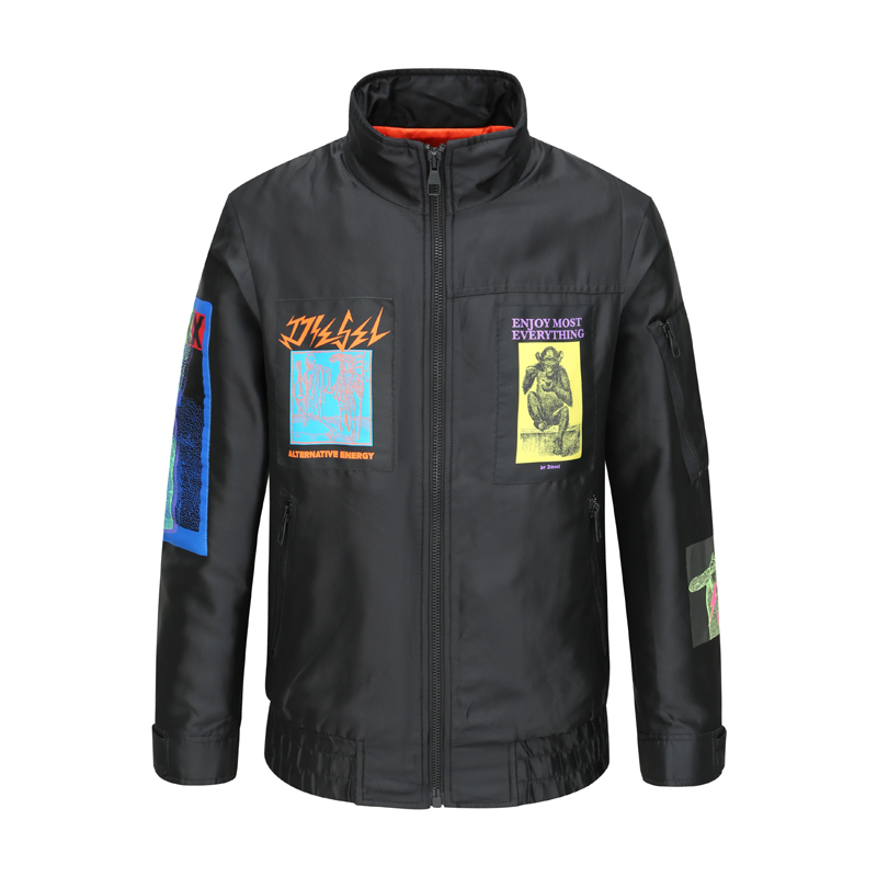 贴布印花薄款棉衣黑色立领