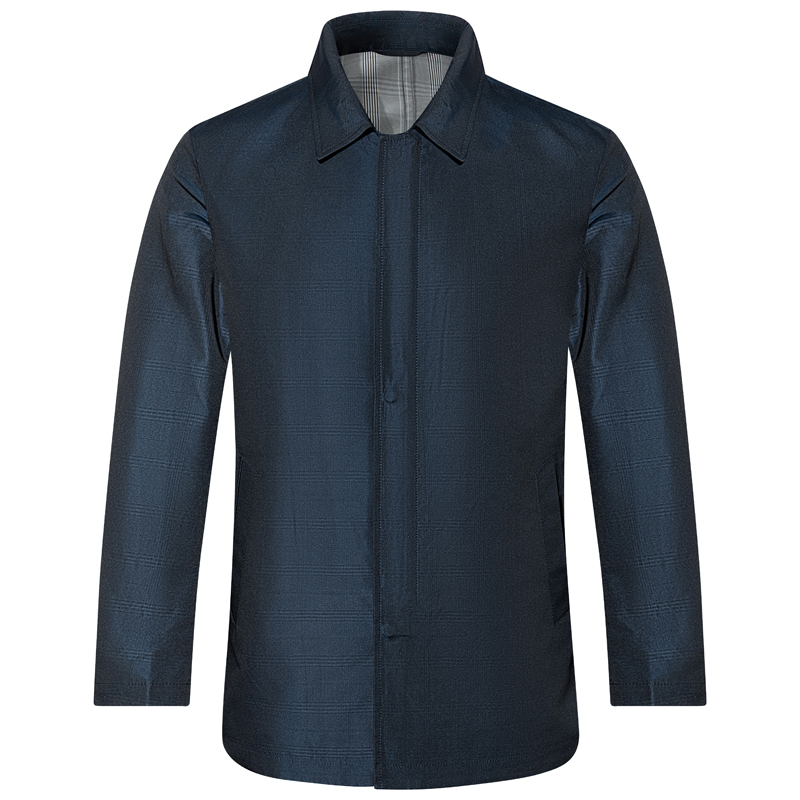 藏青色侧开叉中长款风衣翻领