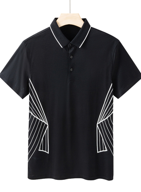 CA12卡断码清仓夏季男士简约时尚黑色翻领线条印花短袖T恤POLO衫