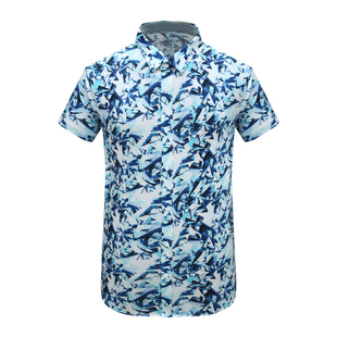衬衫 CA729卡断码 休闲蓝色印花弹力棉加桑蚕丝短袖 男时尚 清仓夏季