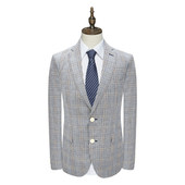 简约商务休闲亚麻羊毛混纺格纹西服 男士 H1383斯卡断码 清仓春秋款