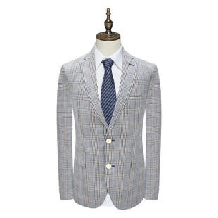 H1383斯卡断码清仓春秋款男士简约商务休闲亚麻羊毛混纺格纹西服