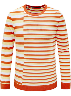 DN193斯换季断码清仓秋季男士时尚休闲橙色条纹圆领全棉长袖T恤衫