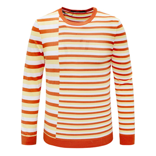 男士 清仓秋季 时尚 休闲橙色条纹圆领全棉长袖 DN193斯换季 T恤衫 断码
