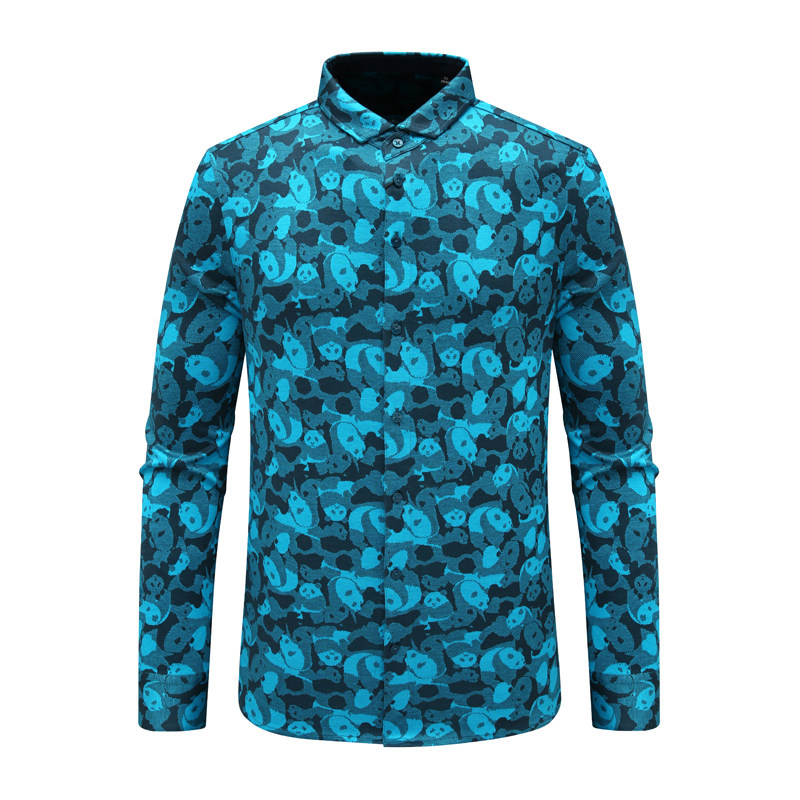 蓝色碎花舒适弹力小翻领长袖衬衫