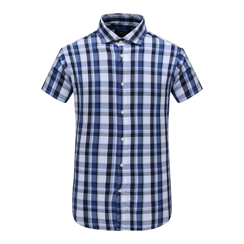 舒适全棉短袖衬衫蓝色大格子