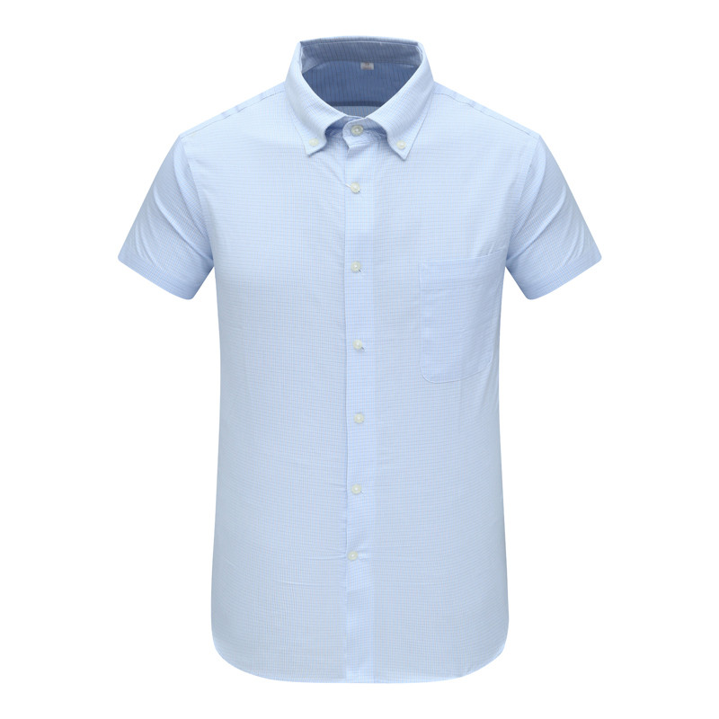 免烫清爽百搭蓝色小格子短袖衬衫